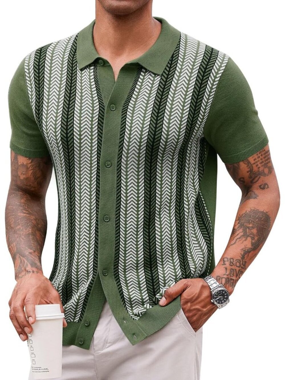 Men's Green Vintage Knit Polo Short Sleeve Golf Casual Old Money Shirt